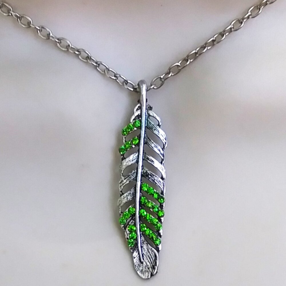Peridot Green feather necklace, August birthstone necklaces, angel feather jewel